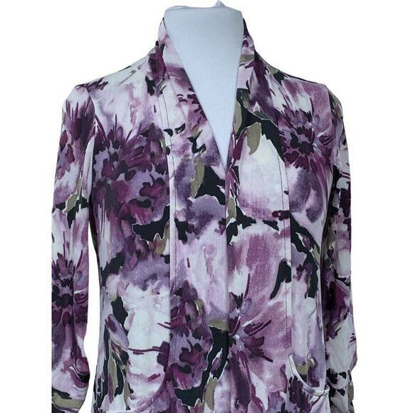 Chico's Easywear Bold Floral Open Front Jacket Sz 0 (XS-S) Ruched 3/4 Sleeves - Picture 2 of 6